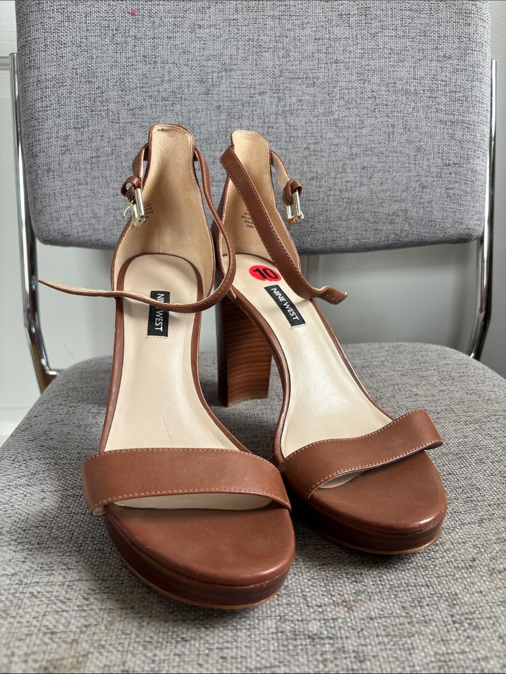 Nine West Cognac Brown Leather Platform Block Heel Sandals